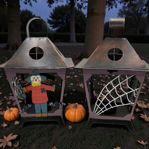 2- Halloween Lantern Tealight Candle Holder Scarecrow & Bats Hollow Metal Cage